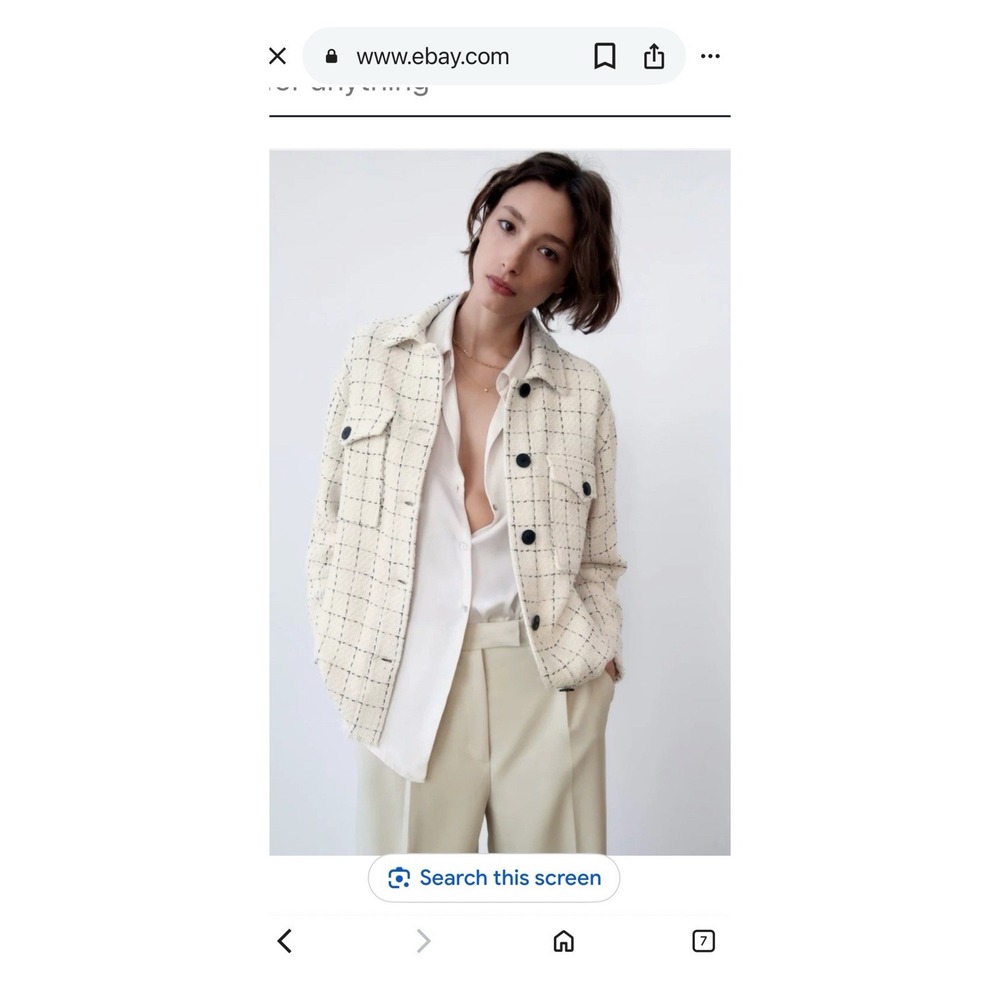 Zara Women's Plaid Overshirt /Shacket White / Black Frayed Trim Size Medium